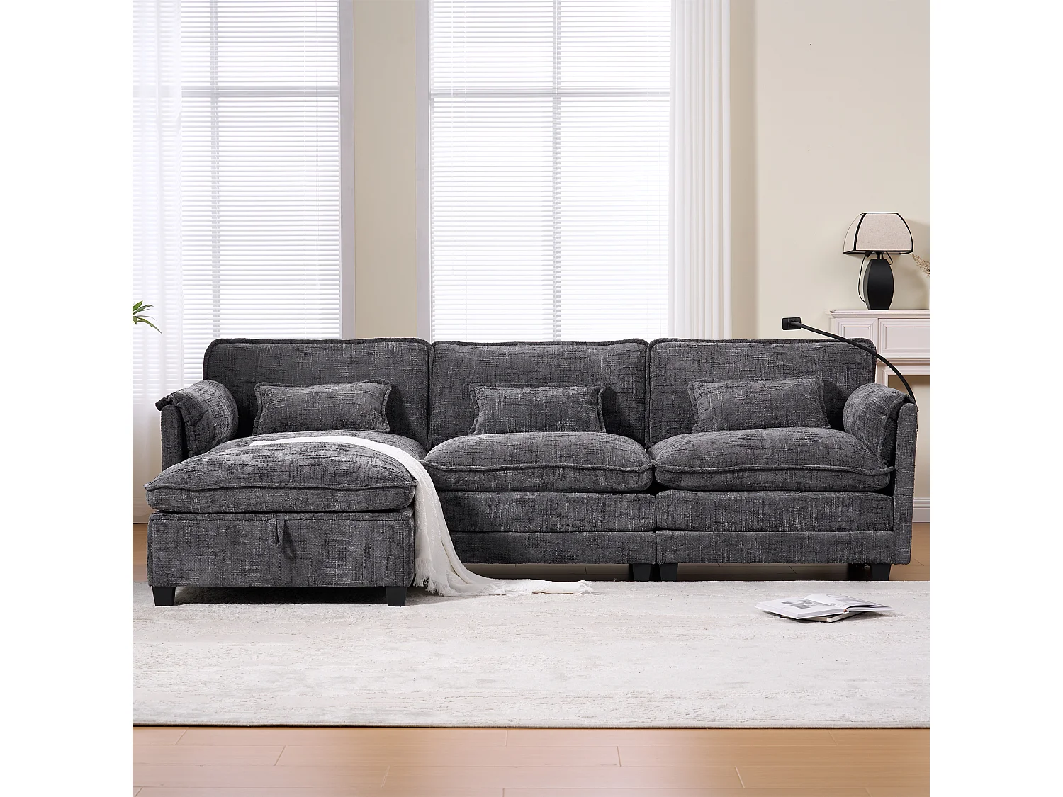 Sofá de 3 plazas con otomana - Sofá esquinero con soporte para teléfono y bolsillos laterales - chenilla gris