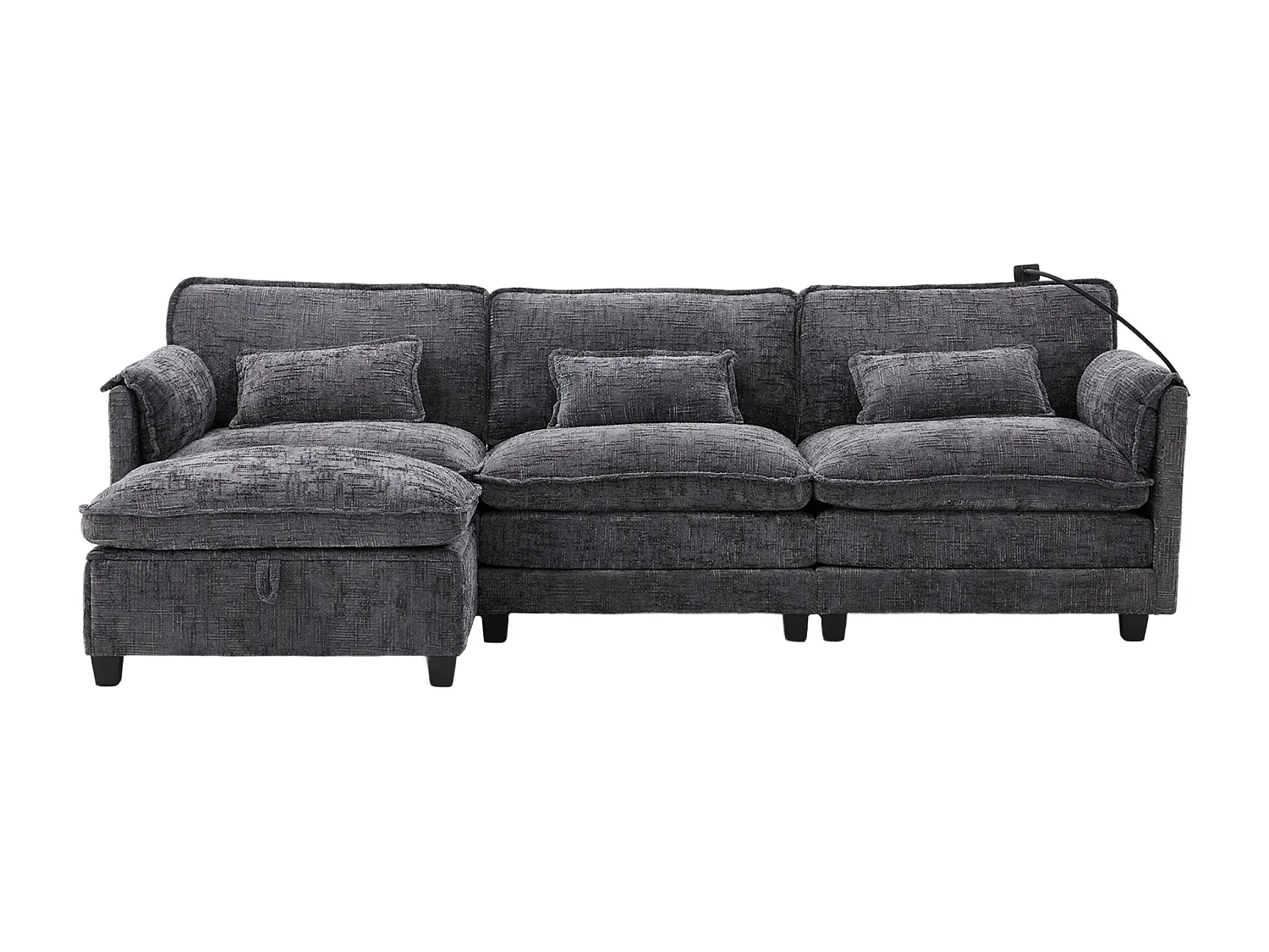 Sofá de 3 plazas con otomana - Sofá esquinero con soporte para teléfono y bolsillos laterales - chenilla gris