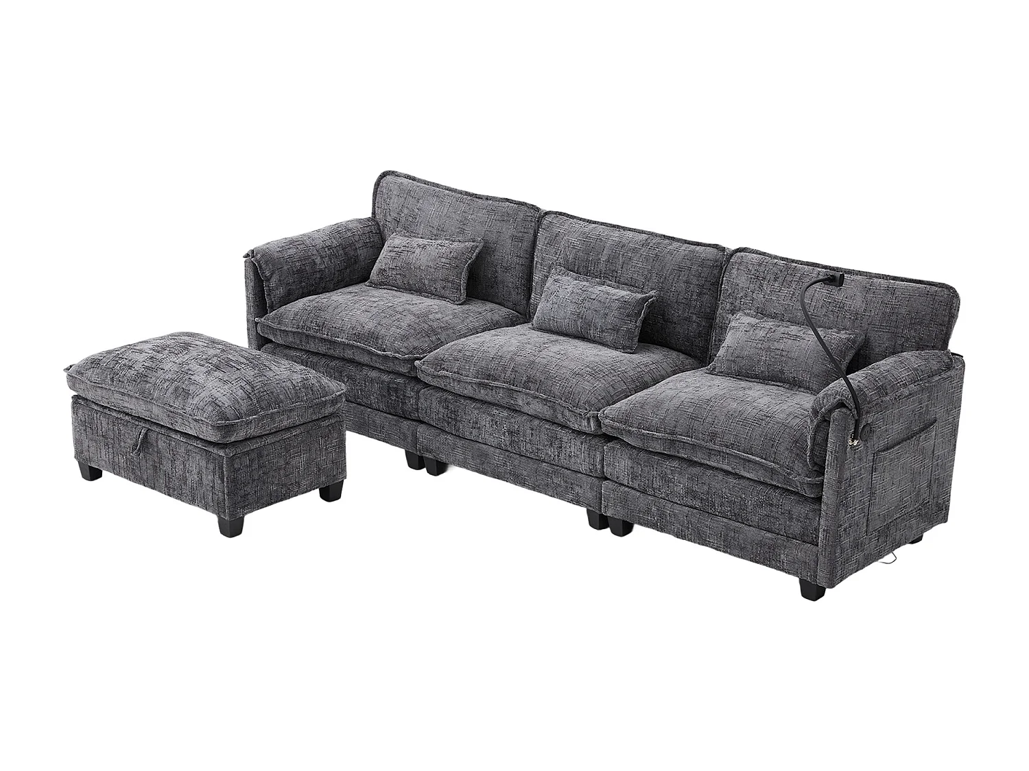 Sofá de 3 plazas con otomana - Sofá esquinero con soporte para teléfono y bolsillos laterales - chenilla gris