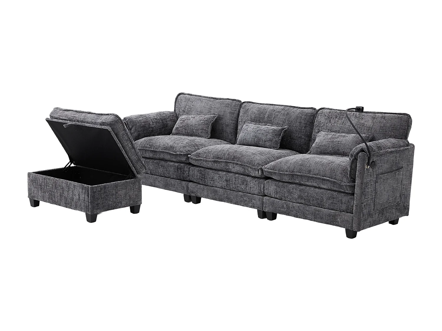 Sofá de 3 plazas con otomana - Sofá esquinero con soporte para teléfono y bolsillos laterales - chenilla gris