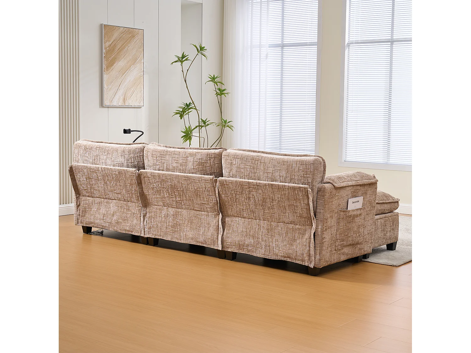 Canapé 3 places avec pouf - Canapé d'angle avec support pour téléphone et poches latérales - chenille kaki