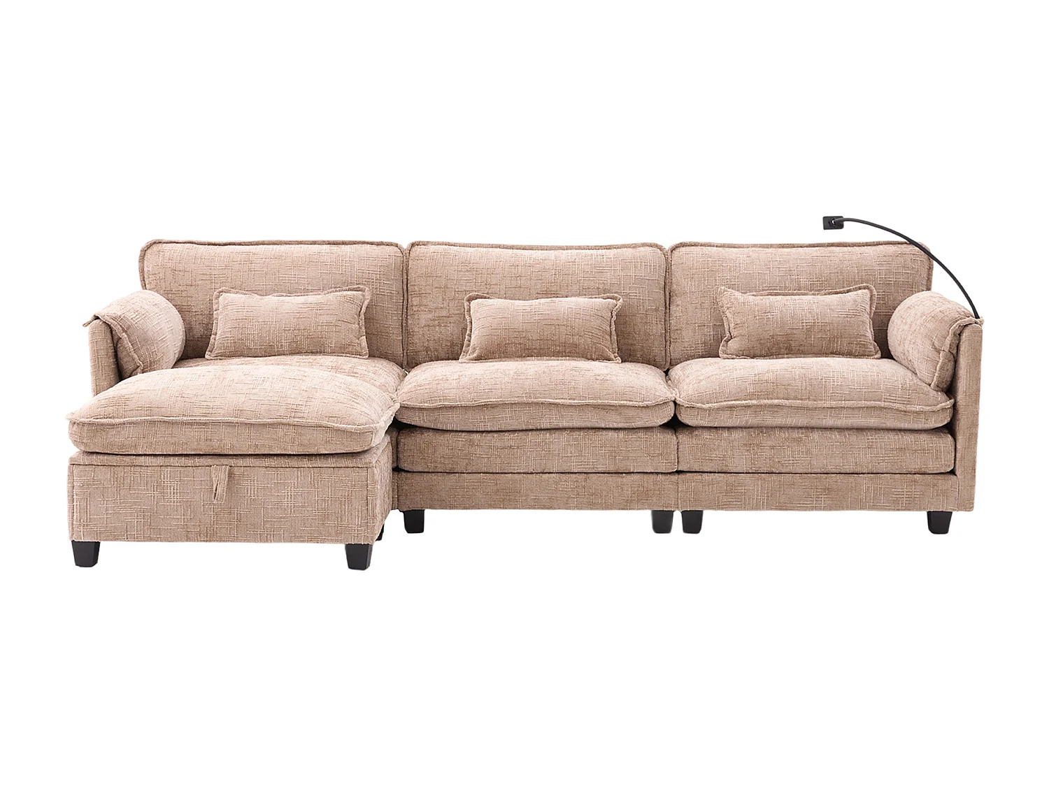 Canapé 3 places avec pouf - Canapé d'angle avec support pour téléphone et poches latérales - chenille kaki