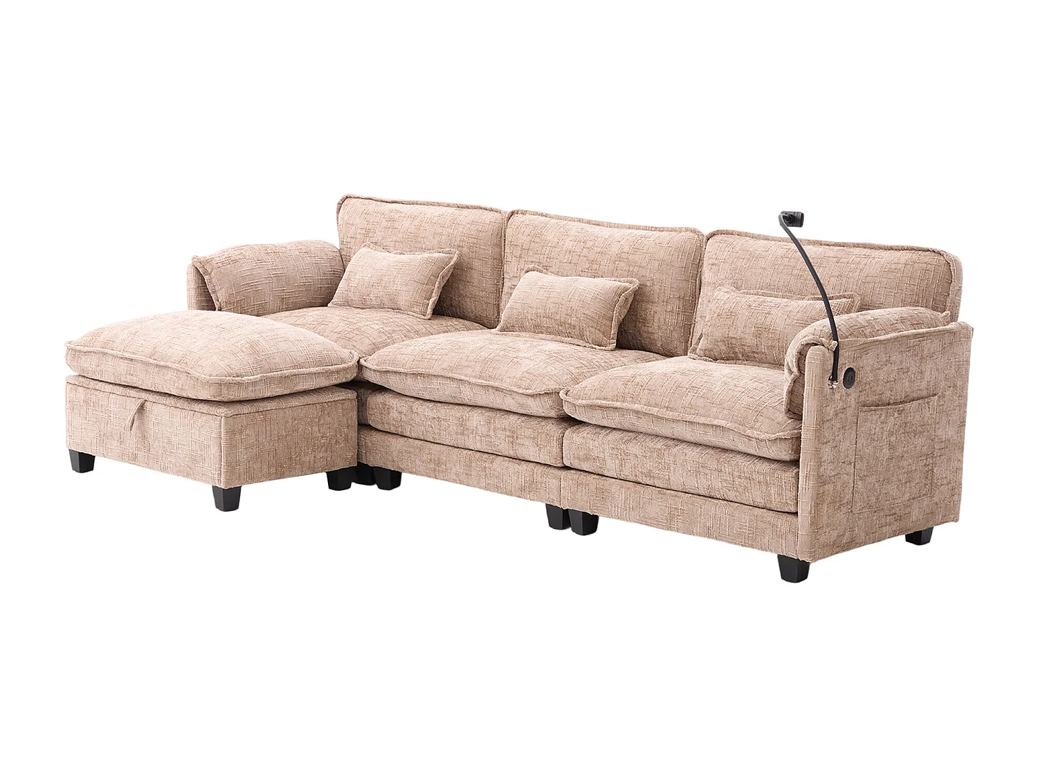 Canapé 3 places avec pouf - Canapé d'angle avec support pour téléphone et poches latérales - chenille kaki