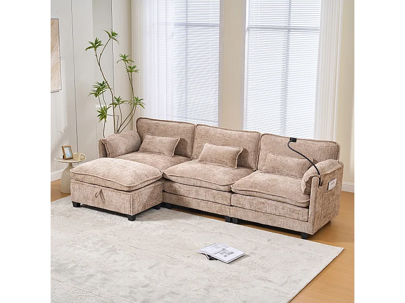 Canapé 3 places avec pouf - Canapé d'angle avec support pour téléphone et poches latérales - chenille kaki