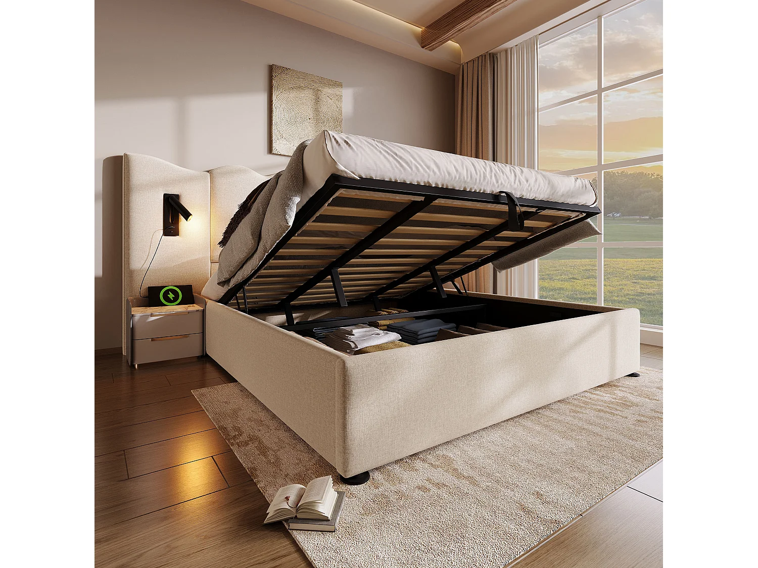 Letto contenitore 180x200 cm - con testiera, porte USB/Type-C, rete a doghe - lino - beige - materasso non incluso