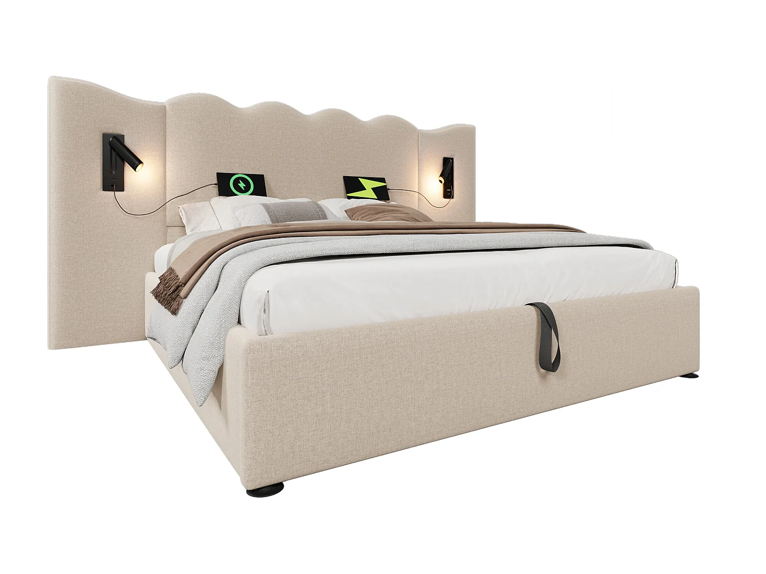 Letto contenitore 180x200 cm - con testiera, porte USB/Type-C, rete a doghe - lino - beige - materasso non incluso