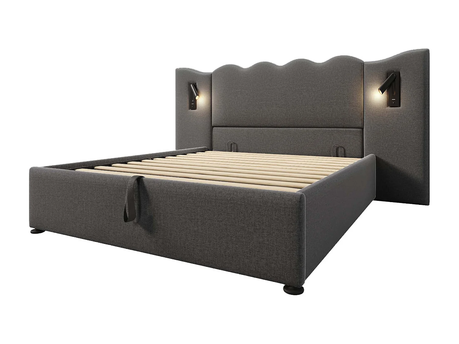 Lit coffre 180x200 - avec tête de lit, USB/Type-C, sommier à lattes - en lin - gris - sans matelas