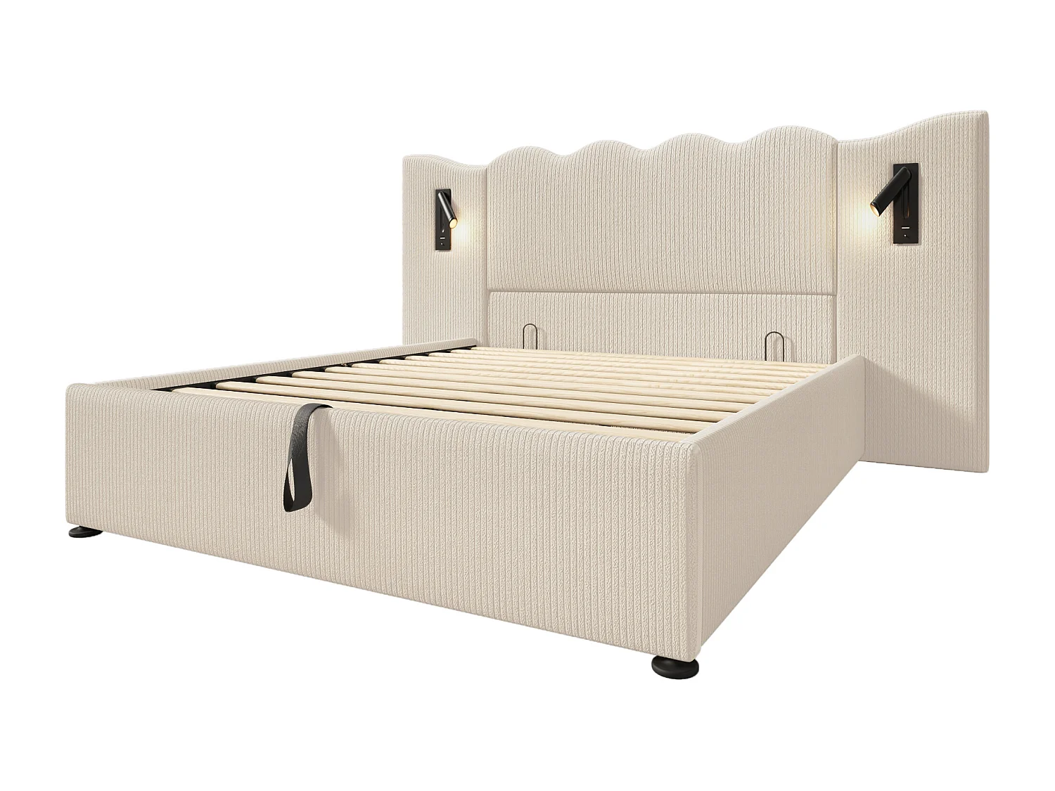 lit coffre 160x200 cm - avec tête de lit, USB et Type-C, sommier à lattes - beige - sans matelas