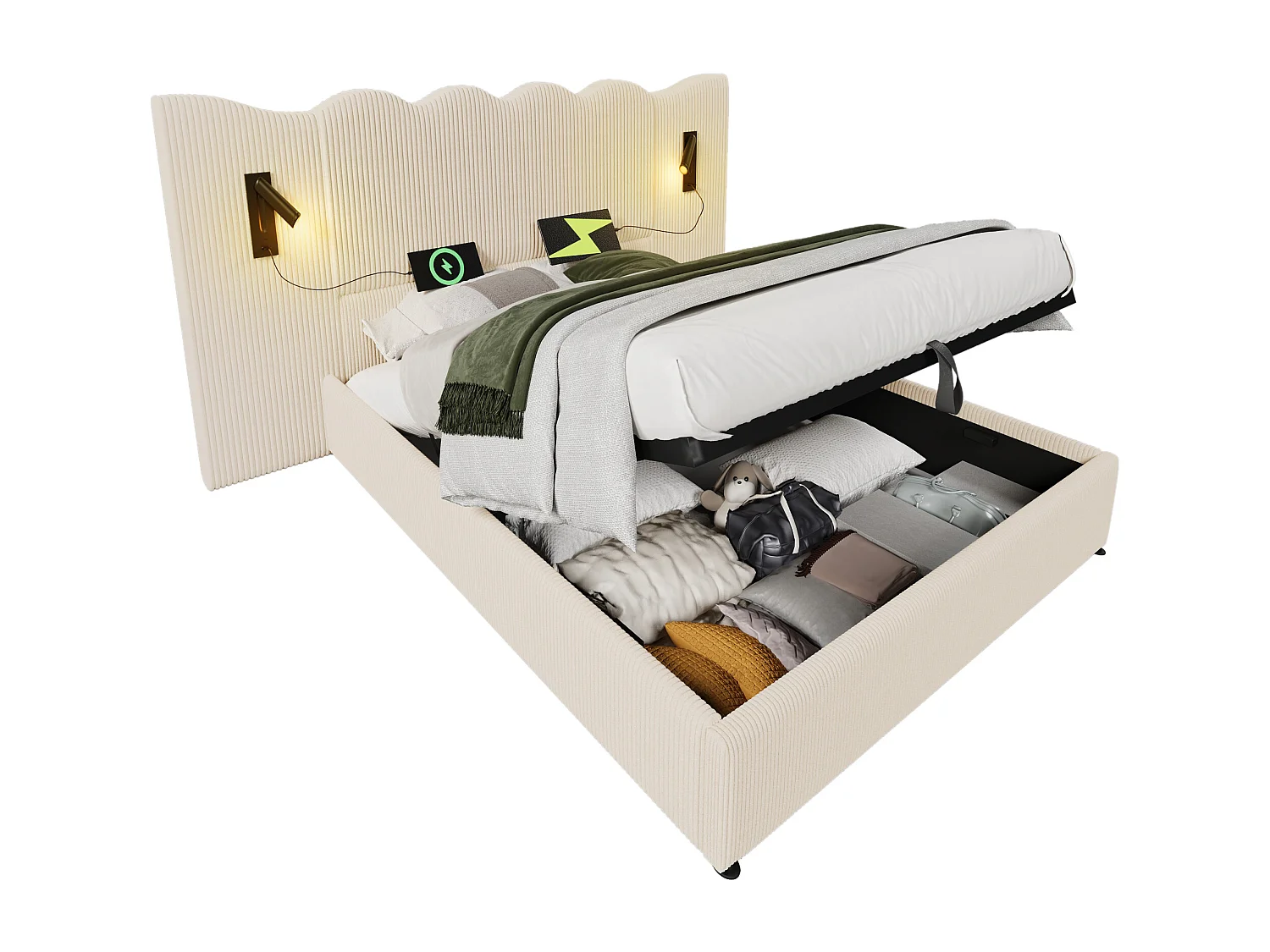 lit coffre 160x200 cm - avec tête de lit, USB et Type-C, sommier à lattes - beige - sans matelas