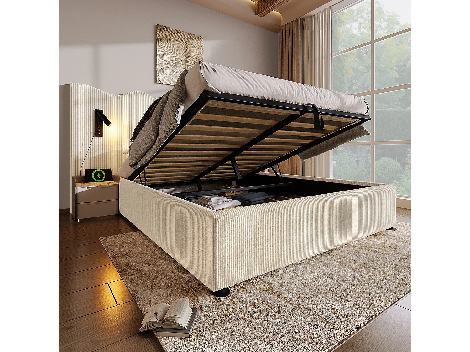 Lit coffre 160x200 - avec tête de lit, USB / Type-C, sommier à lattes - en lin - gris - sans matelas