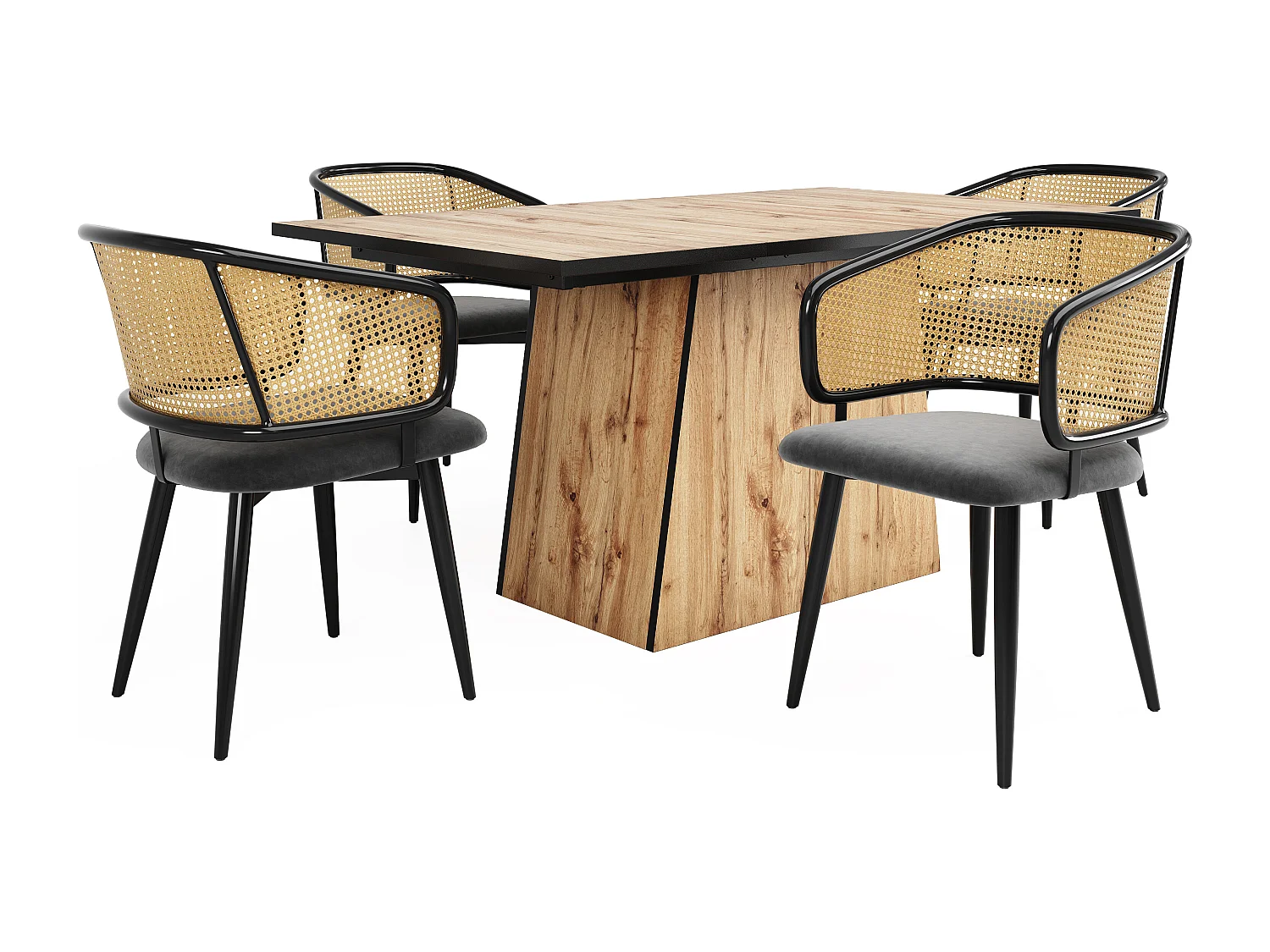 Lot de 4 chaise de salle à manger en velours et métal, dossier en rotin – gris