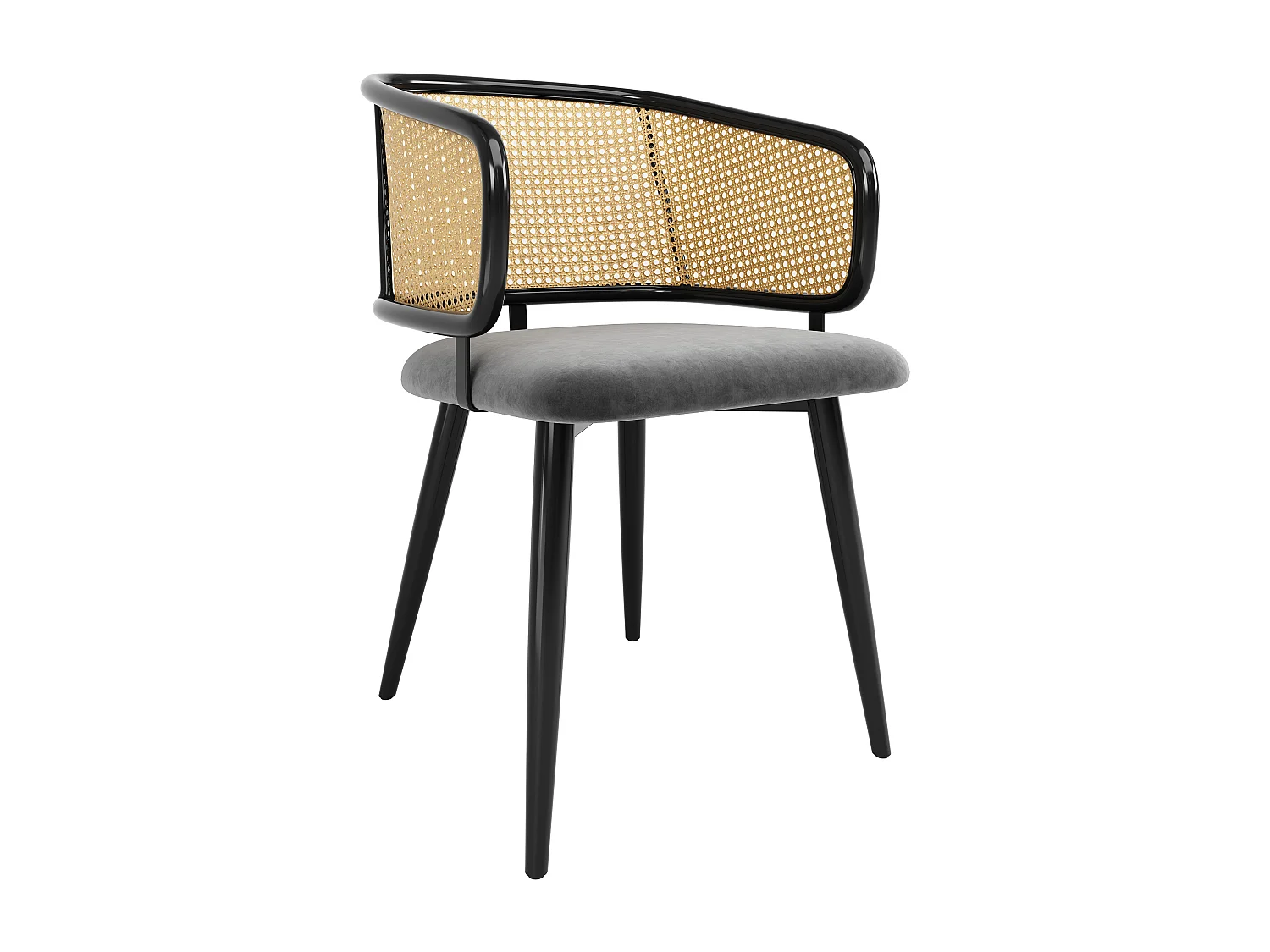 Lot de 4 chaise de salle à manger en velours et métal, dossier en rotin – gris