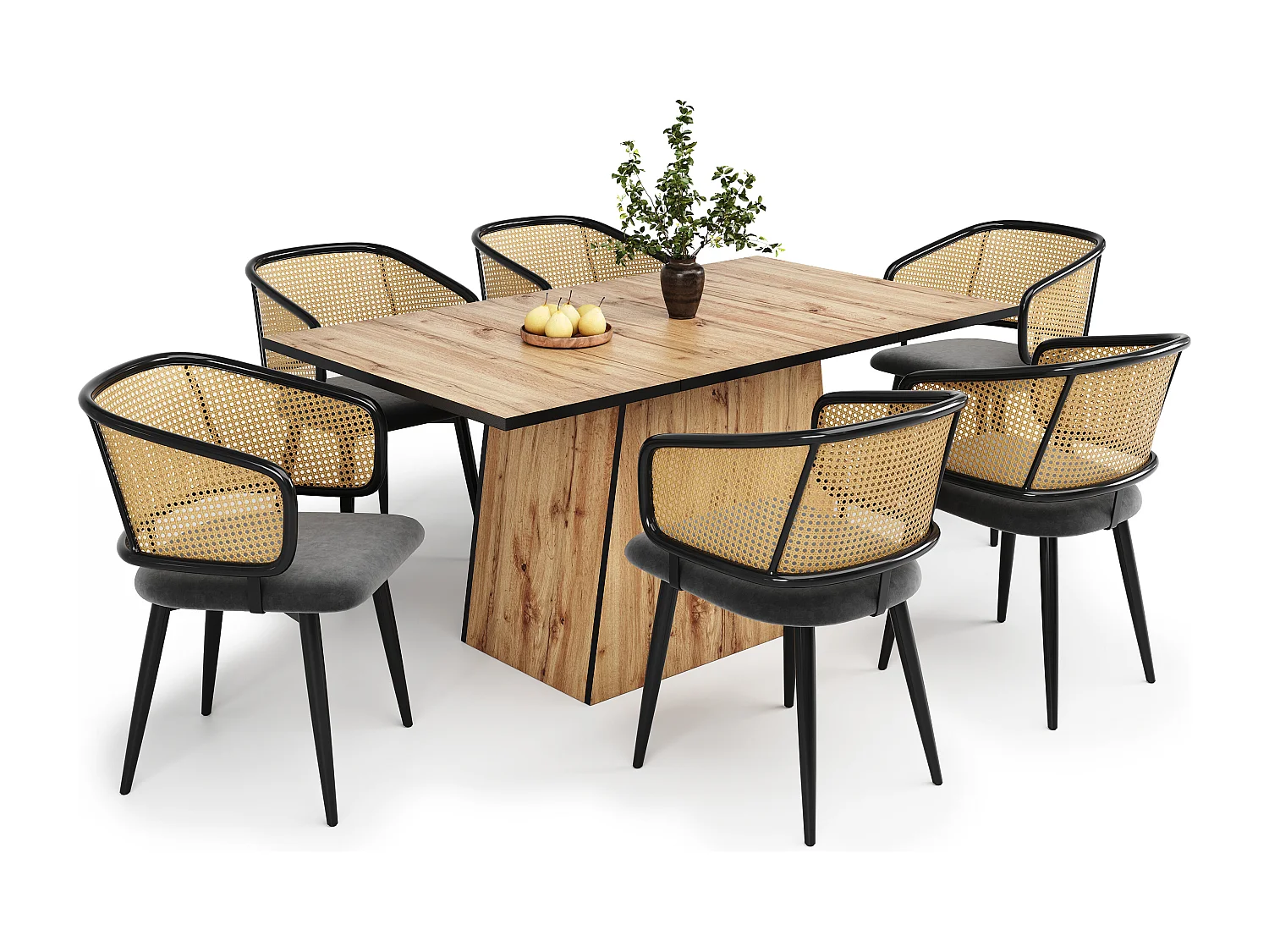 Lot de 6 chaise de salle à manger velours et rotin, pieds métal à grain bois – gris