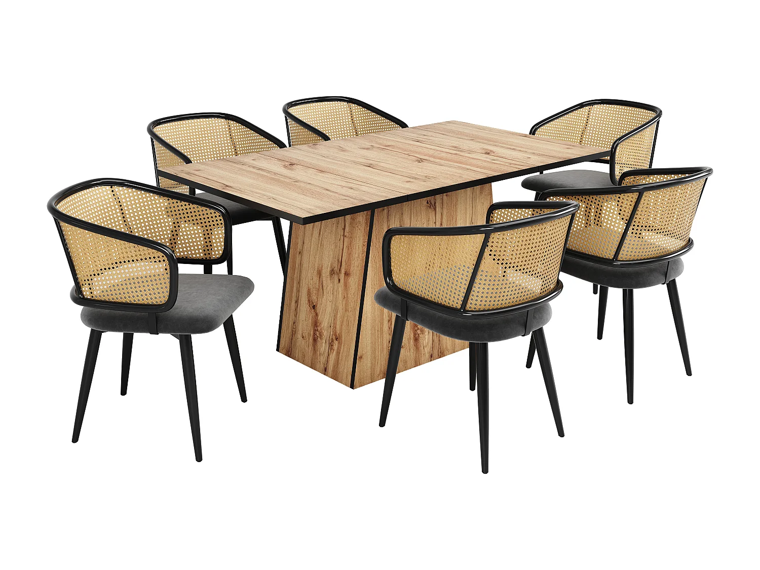 Lot de 6 chaise de salle à manger velours et rotin, pieds métal à grain bois – gris