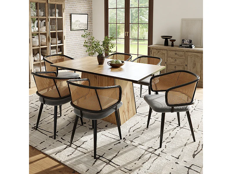 Lot de 6 chaise de salle à manger velours et rotin, pieds métal à grain bois – gris