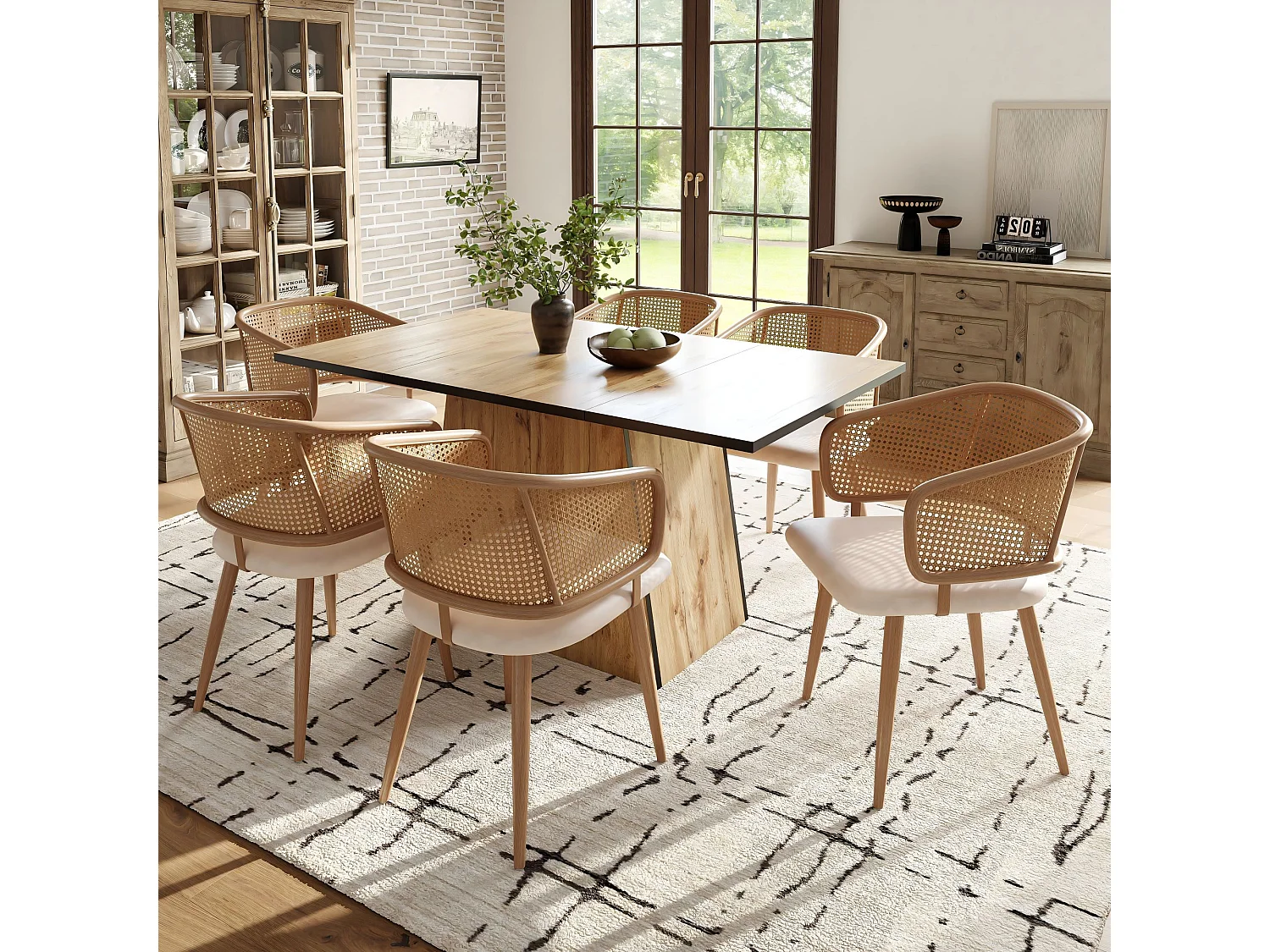 Lot de 4 chaise de salle à manger en simili cuir et velours, pieds métal aspect bois – beige/marron