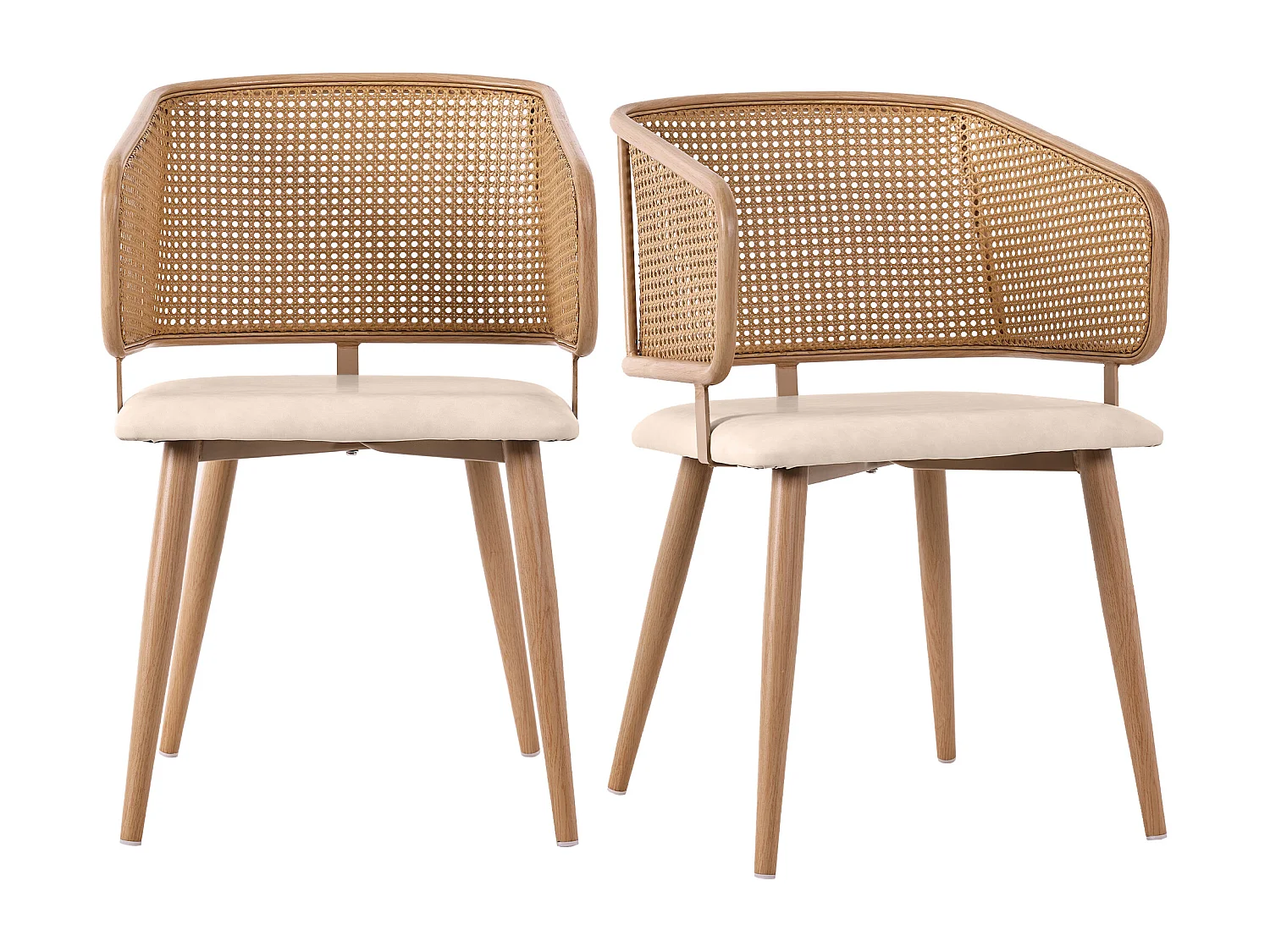 Lot de 2 chaises en rotin et simili cuir, pieds métal aspect bois – beige/marron