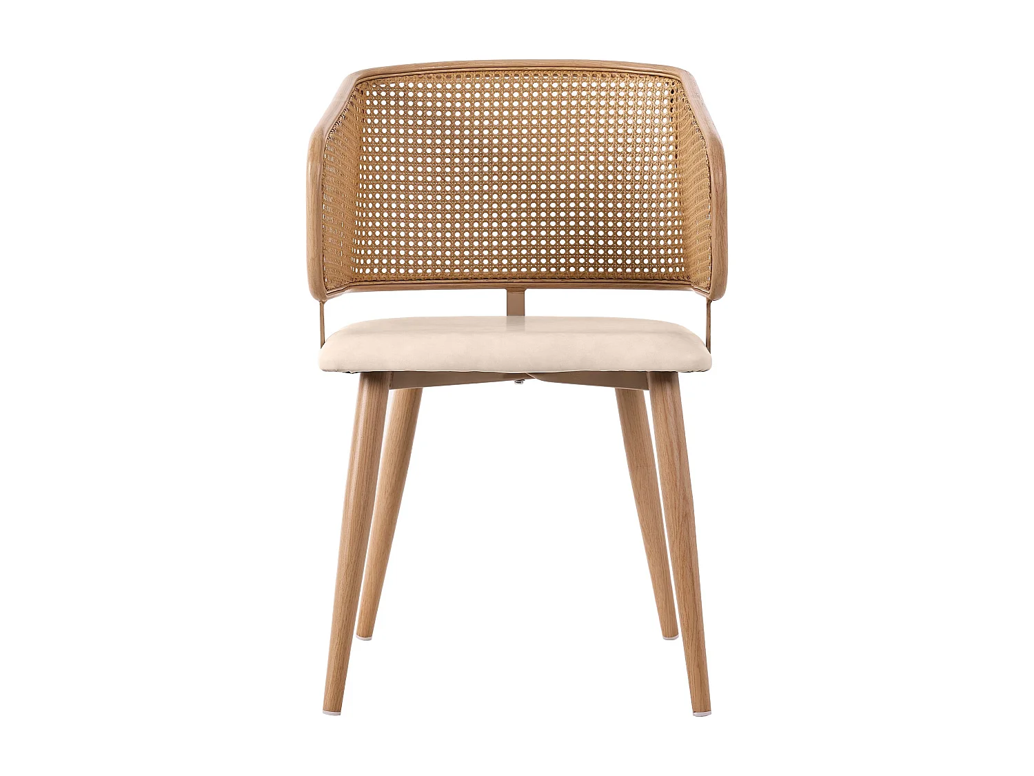 Lot de 6 chaise de salle à manger en similicuir avec dossier rotin et pieds métal aspect bois – beige marron