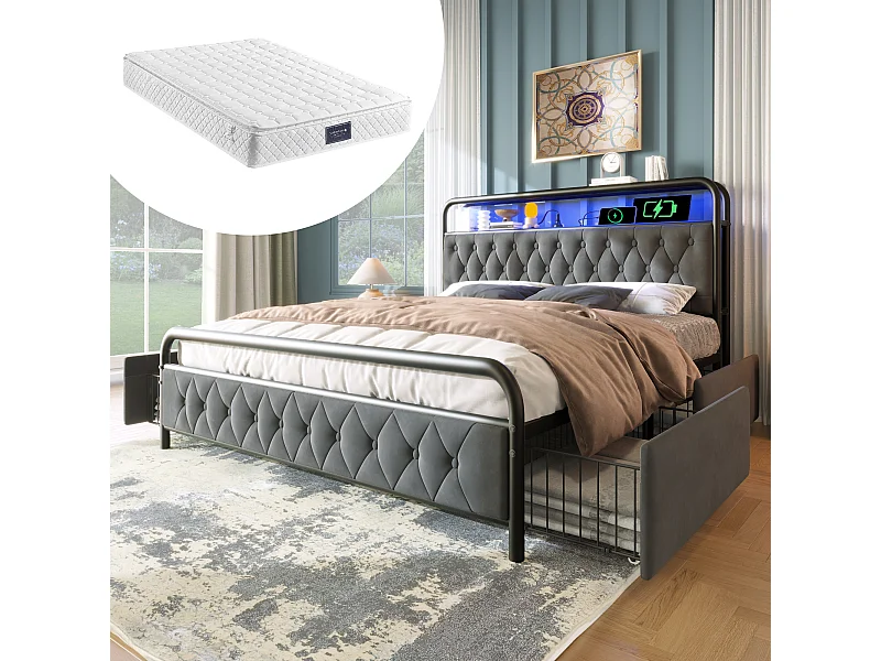 lit adulte 160x200 - avec tête de lit, 4 tiroirs, USB, Type-C, LED - en velours - gris - matelas inclus