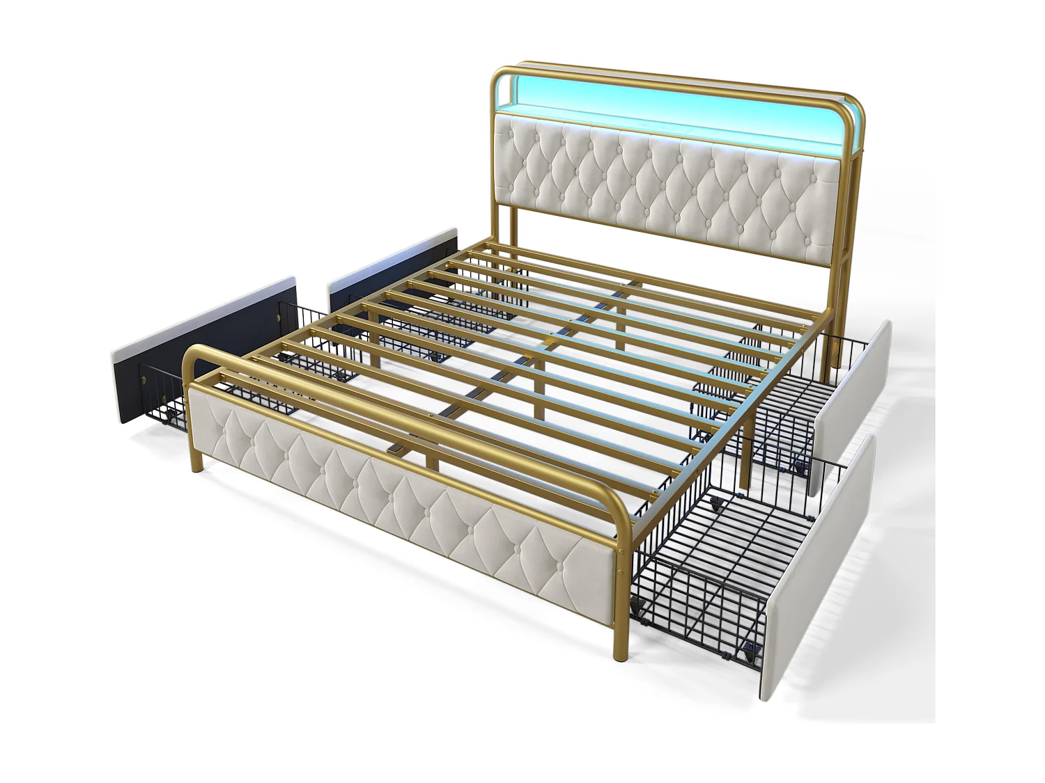Cama para adultos de 140 x 200 cm - con cabecero con canapé, 4 cajones, USB Tipo C, LED - terciopelo - blanco - colchón incluido