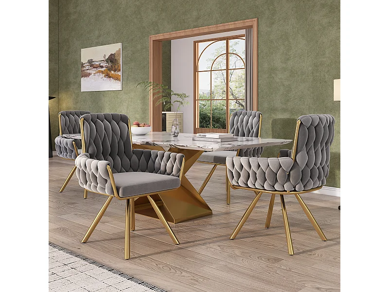 4er-Set Samtstühle, 360° drehbar, Metallgestell – Grau