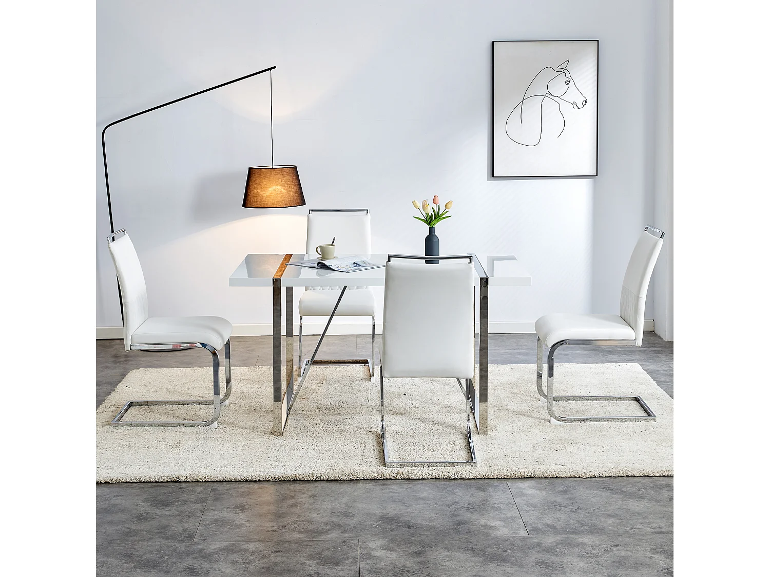 Lot de 2 chaises de salle à manger blanc - dossier rayé et 4 repose-pieds - PU et lin