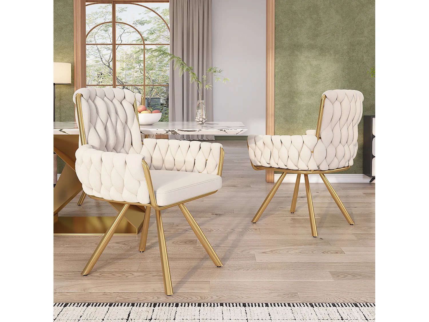 Lot de 6 chaises velours avec dossier haut, accoudoirs et pivotante 360°, pieds métal – beige