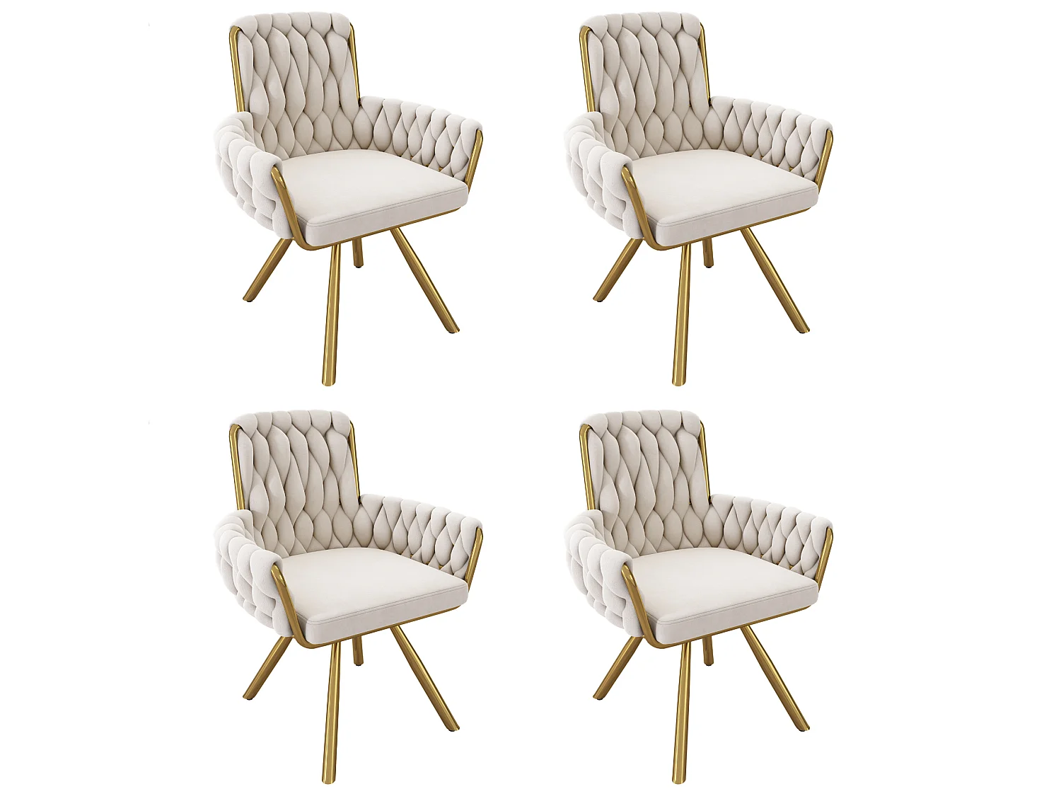Lot de 4 chaises de salle à manger en velours, pivotantes 360°, dossier haut avec accoudoirs, piètement métal – beige
