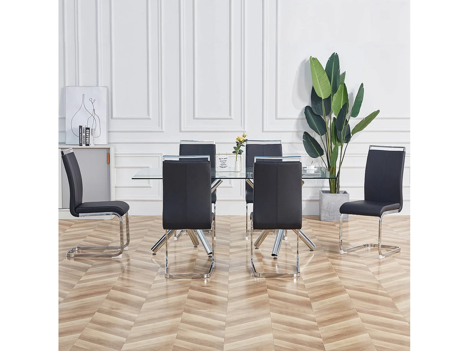 Set van 4 eetkamerstoelen - metalen frame en kunstlederen bekleding - zwart PU