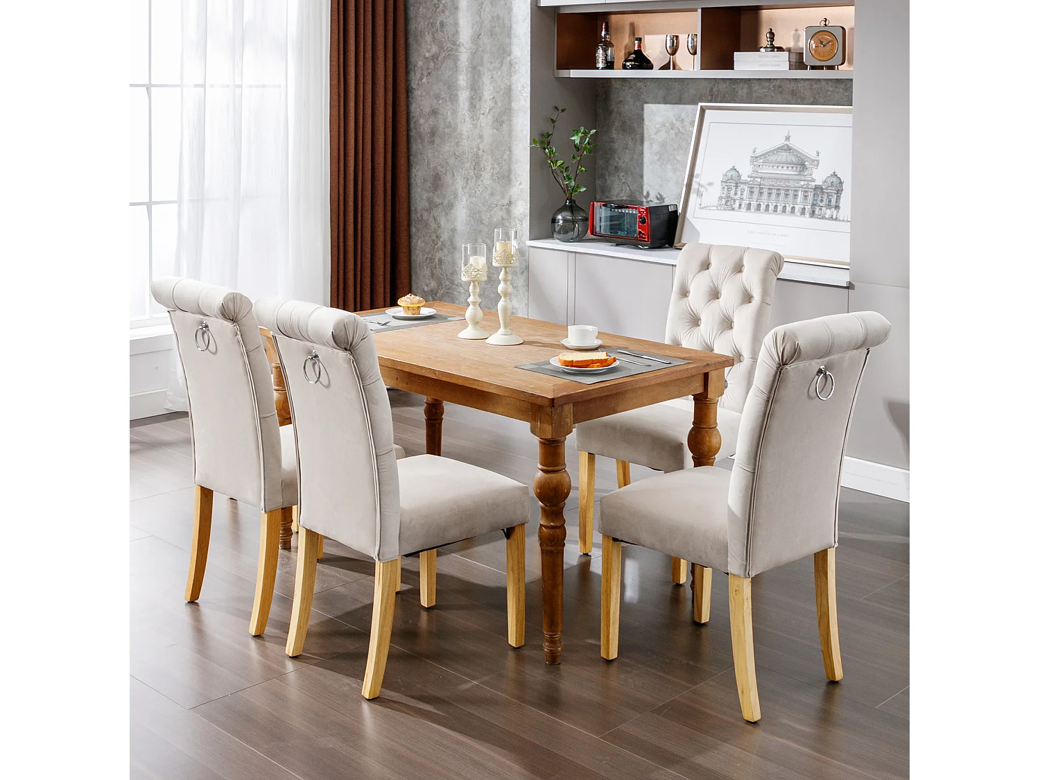 4er-Set Samtstühle mit Eichenbeinen, 12 Knöpfe – beige