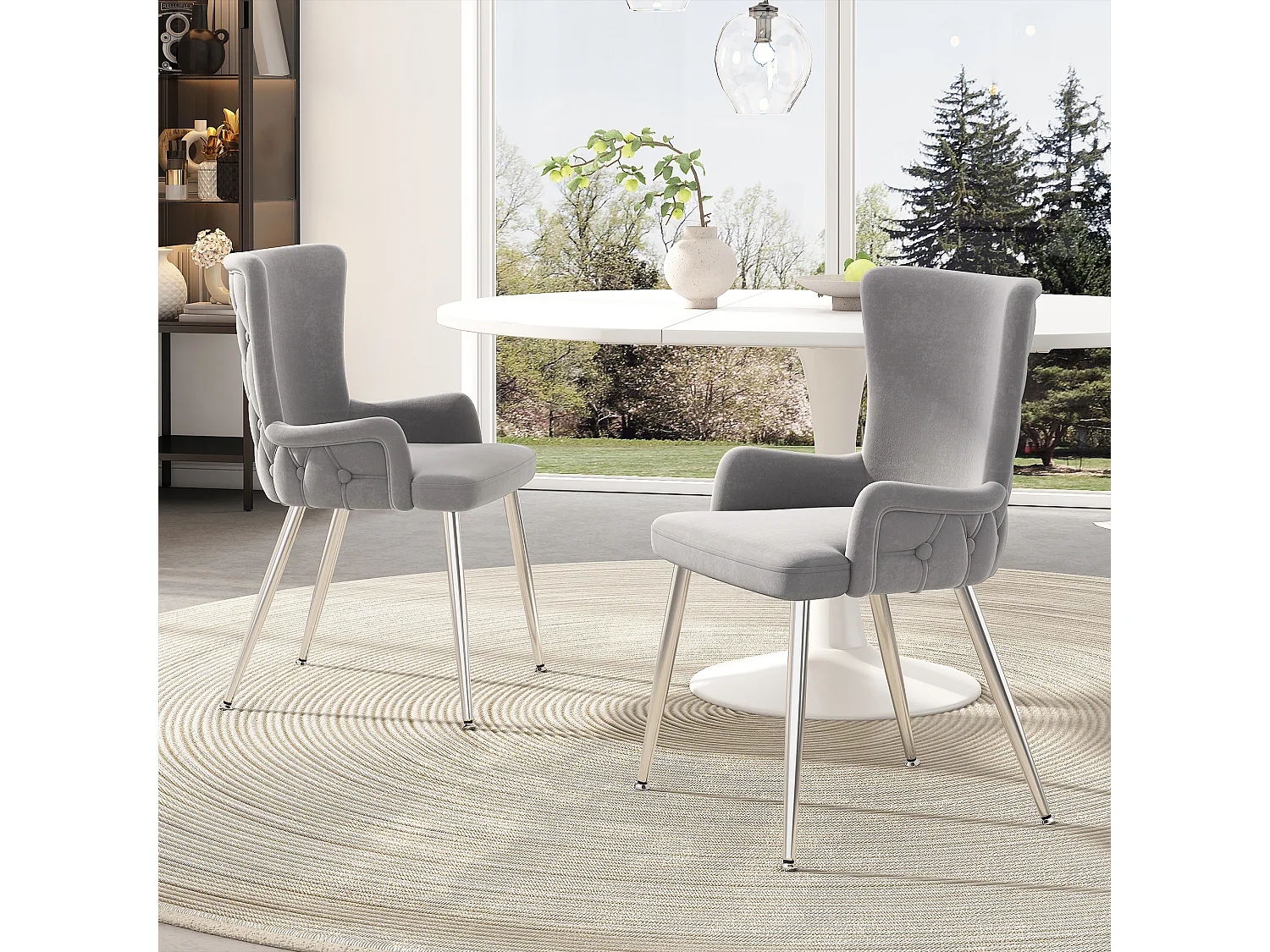 Juego de 6 sillas de terciopelo con patas de metal plateado – gris