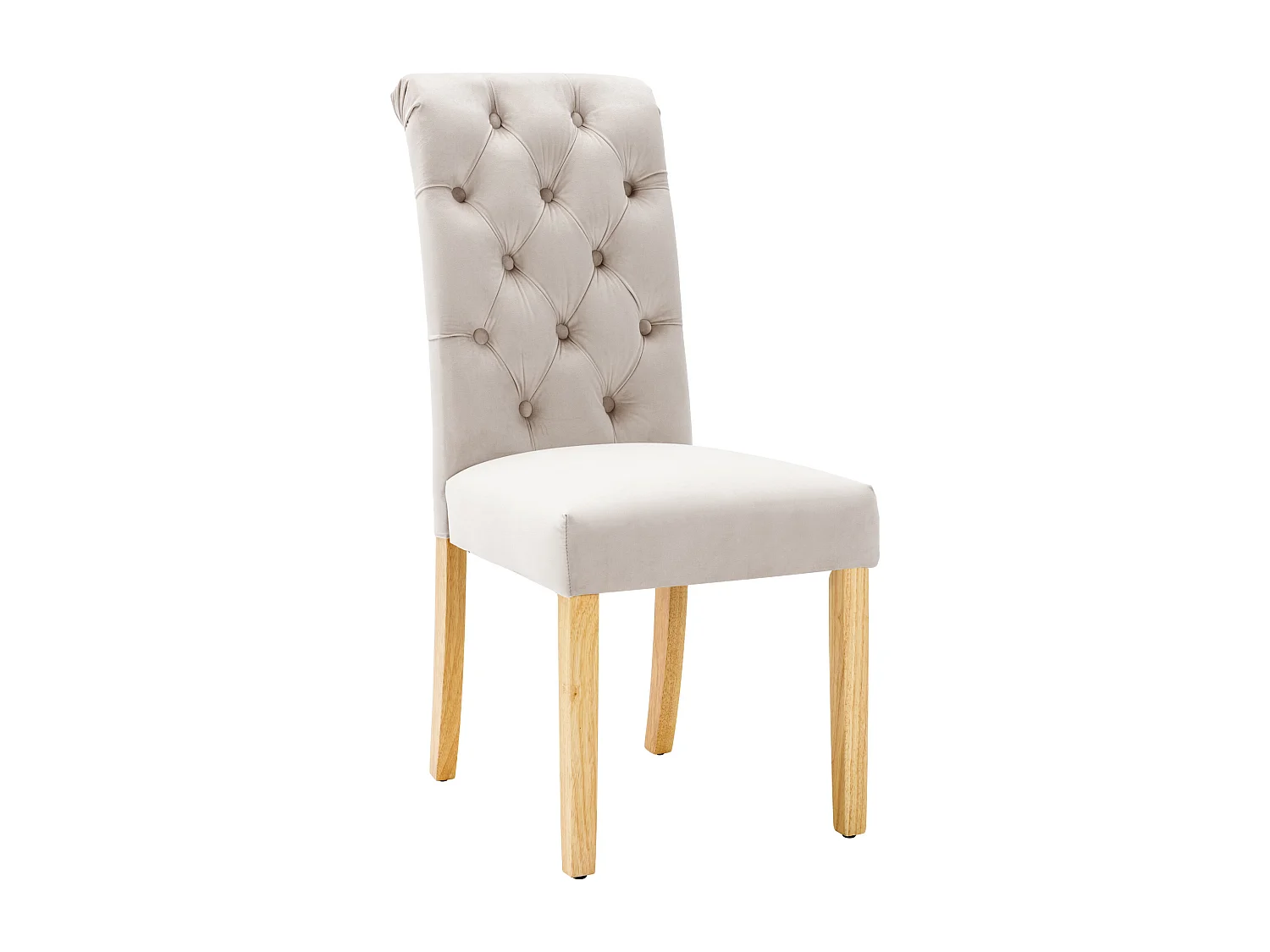 2er-Set Samtstühle, Eichenholzbeine, geschwungene Rückenlehne mit Zierknöpfen – beige