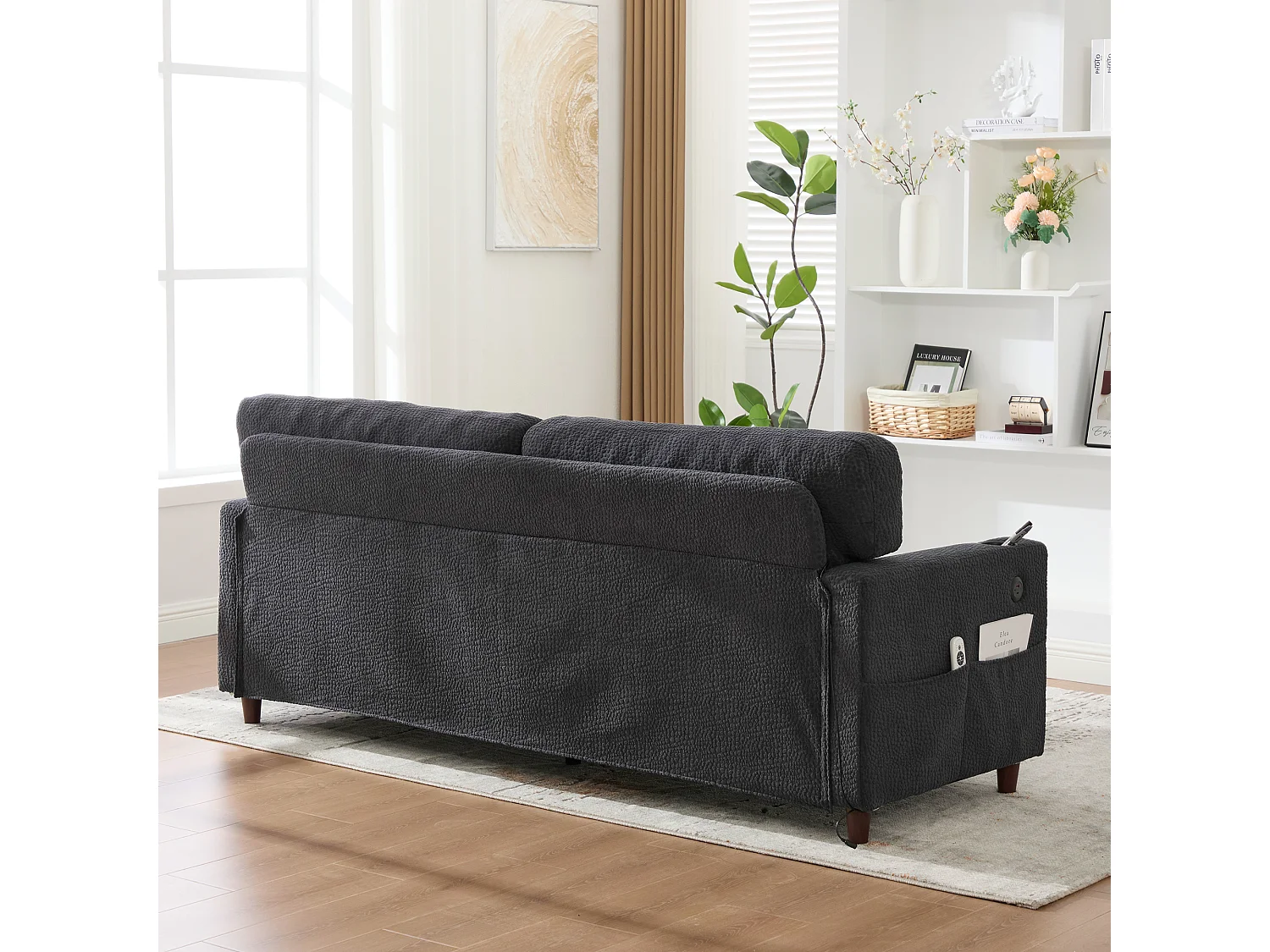 Sofá de 2 plazas con iluminación LED - Sofá recto con portavasos y bolsillos laterales - chenilla gris oscuro