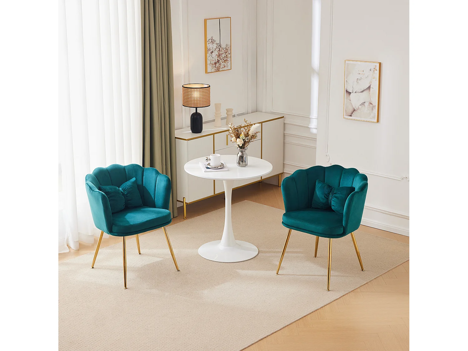 Chaise de salle à manger velours, dossier pétale capitonné, pieds métal doré – vert