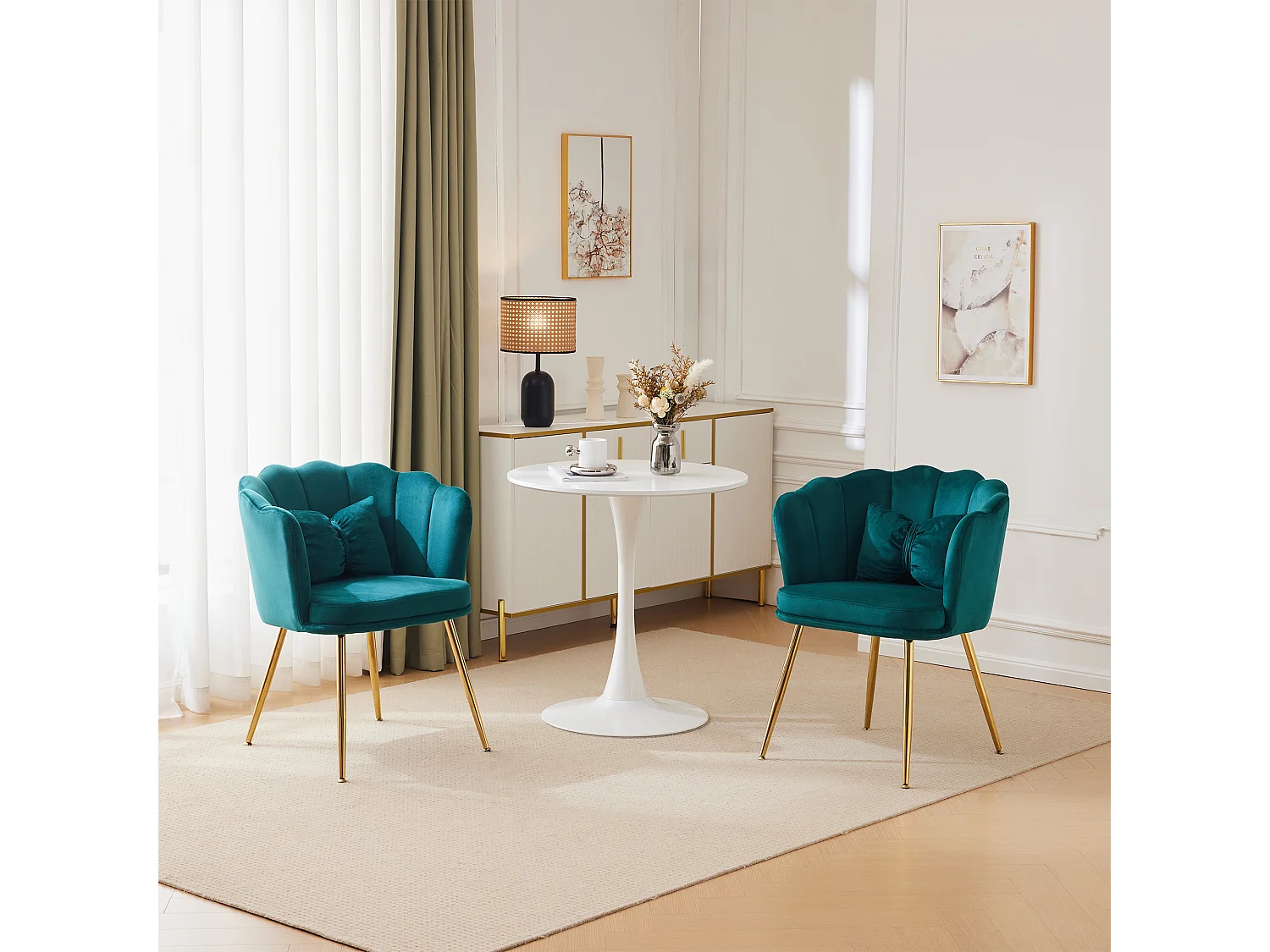 Chaise de salle à manger velours, dossier pétale capitonné, pieds métal doré – vert