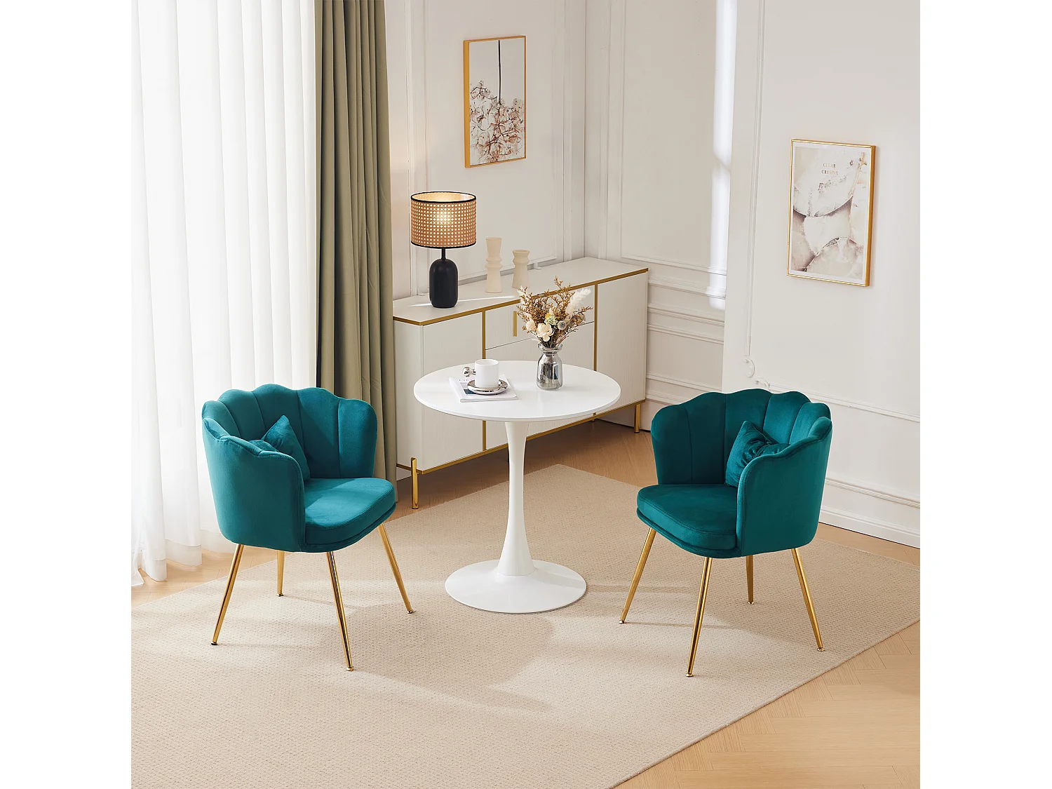 Chaise de salle à manger velours, dossier pétale capitonné, pieds métal doré – vert