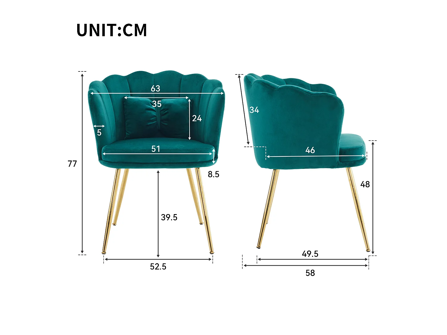 Chaise de salle à manger velours, dossier pétale capitonné, pieds métal doré – vert