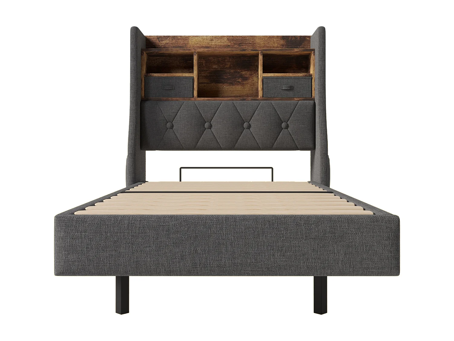 Cama individual 90 x 200 cm - Cama de criança com 2 bolsos laterais e 2 gavetas - roupa de cama cinzenta - colchão incluído