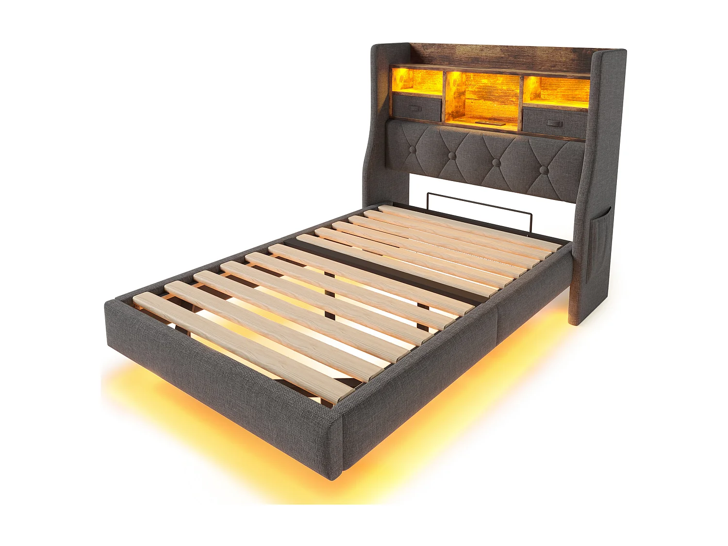 Cama individual 90 x 200 cm - Cama de criança com 2 bolsos laterais e 2 gavetas - roupa de cama cinzenta - colchão incluído