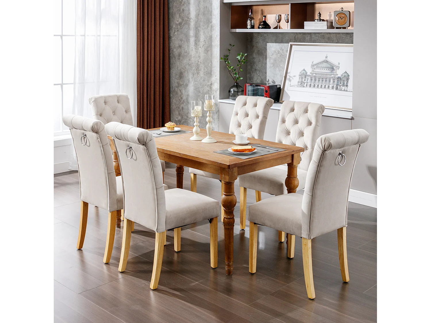 Set van 6 fluwelen stoelen met eikenhouten poten – beige