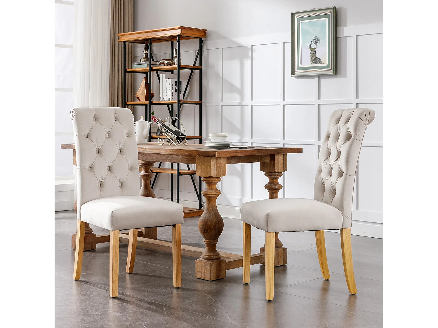 Set van 6 fluwelen stoelen met eikenhouten poten – beige