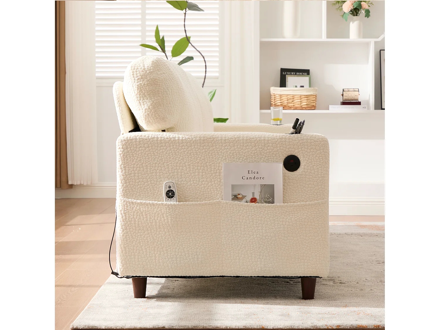 Sofá de 2 plazas con iluminación LED - Sofá recto con portavasos y bolsillos laterales - chenilla beige
