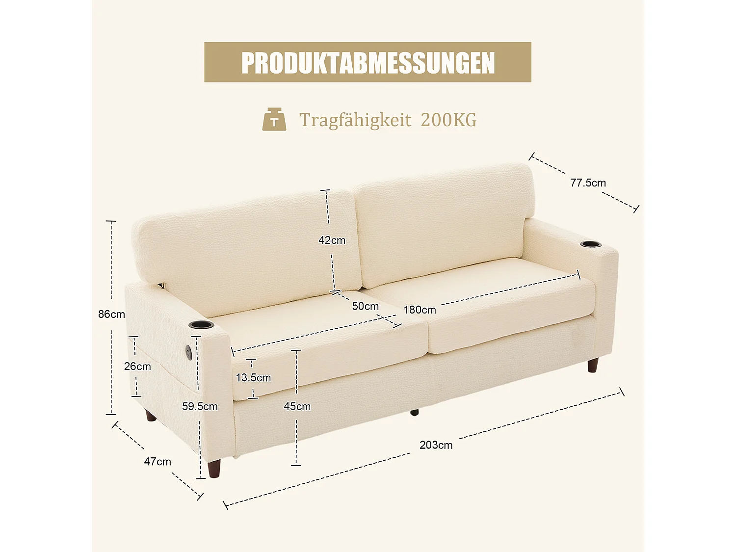Sofá de 2 plazas con iluminación LED - Sofá recto con portavasos y bolsillos laterales - chenilla beige