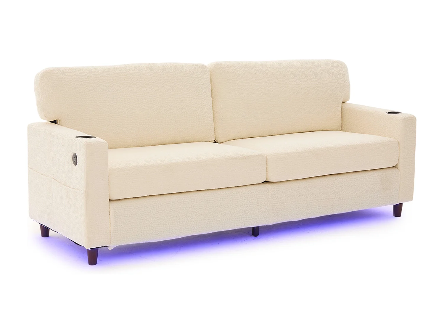 Sofá de 2 plazas con iluminación LED - Sofá recto con portavasos y bolsillos laterales - chenilla beige