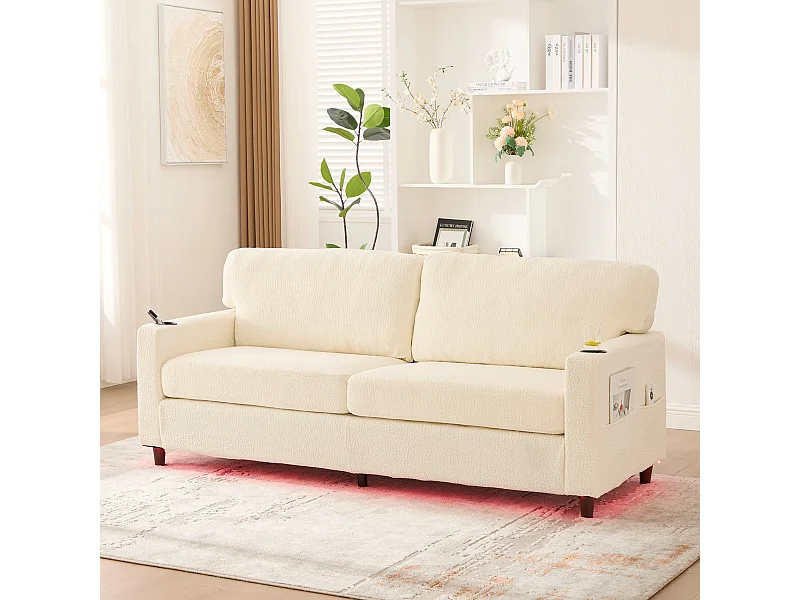 2-zitsbank met ledverlichting - Rechte bank met bekerhouder en zijzakken - beige chenille