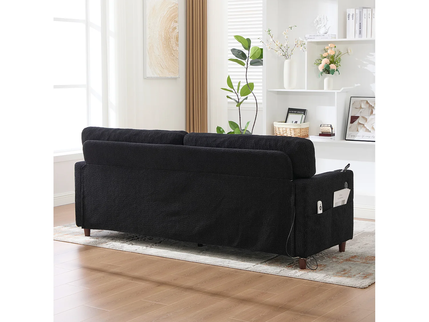 Sofá de 2 plazas con iluminación LED - Sofá recto con portavasos y bolsillos laterales - chenilla negra