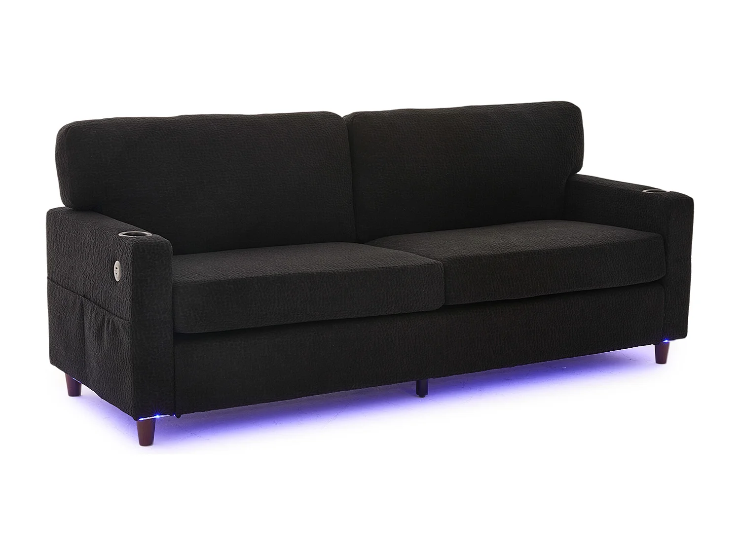 Sofá de 2 plazas con iluminación LED - Sofá recto con portavasos y bolsillos laterales - chenilla negra