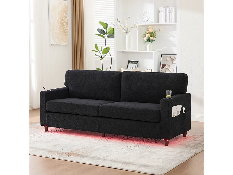Sofa 2-osobowa z oświetleniem LED - Prosta sofa z uchwytem na kubek i kieszeniami bocznymi - czarna tkanina szenilowa