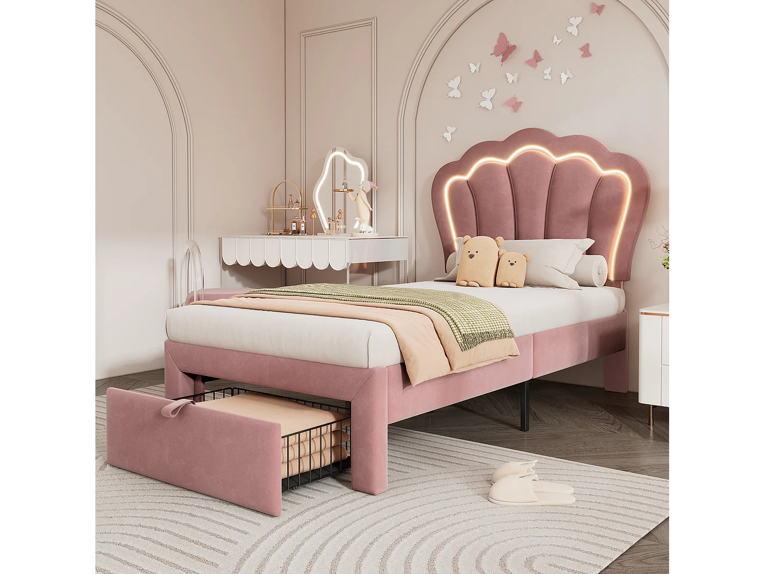 Lit enfant 90x190 cm - avec tête de lit, LED, tiroir, lattes - en velours - rose - sans matelas