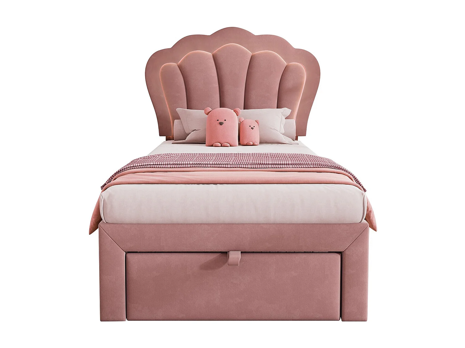 Lit enfant 90x190 cm - avec tête de lit, LED, tiroir, lattes - en velours - rose - sans matelas